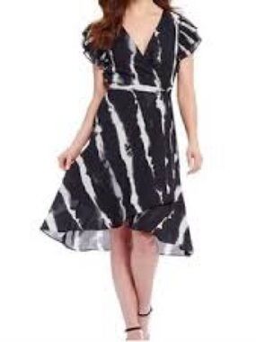 H by Halston Black and White Tie-Dye V-Neck Wrap Dress